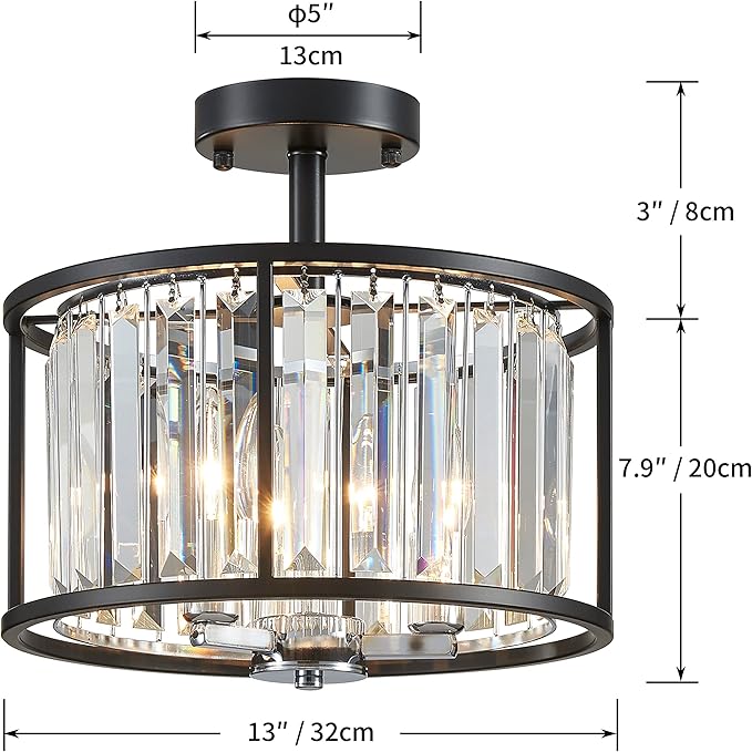 AGV LIGHTING CL005BB K9 Crystal Semi Flush Mount Ceiling Light Fixture, Modern Design, E12 Base 3-Lights, D13 x H15, Chrome & Matte Black Finish Metal Frame