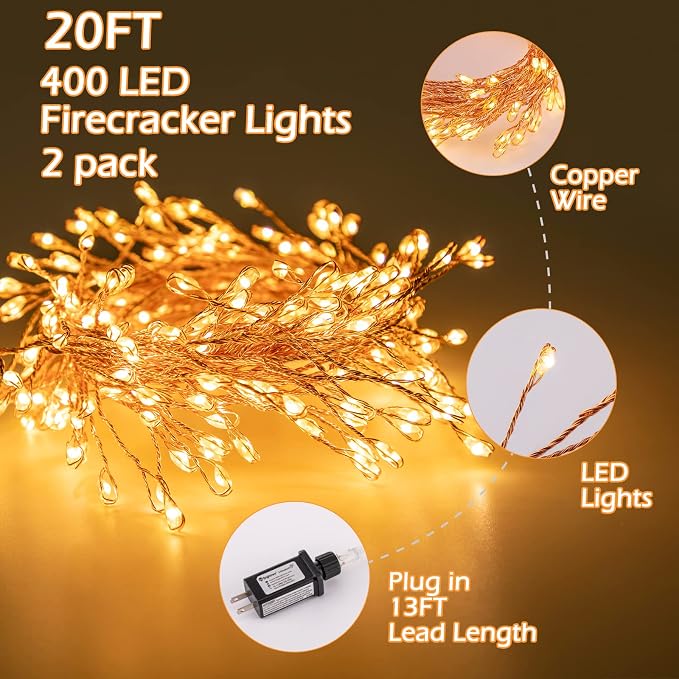 Minetom Fairy Lights Plug in, 23Feet 400LED Cluster String Lights, Copper Wire Waterproof Starry Firecracker Lights for Ceiling Bedroom Wreath Window Wedding Christmas Tree Decorations, Warm White