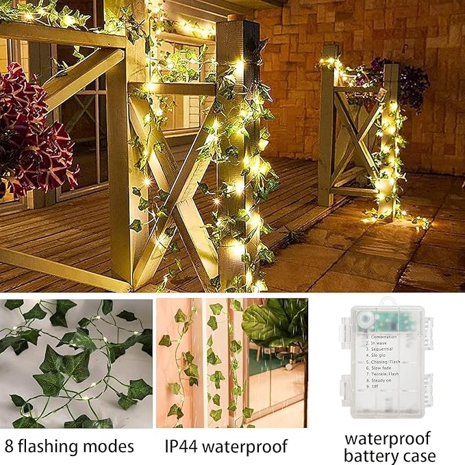 33 Ft Vine with Fairy Lights Battery Operated, 8 Flashing Model Waterproof 100 LEDs Battery Powered Artifical Ivy Leaves Vine String Light for Garland Wedding Party Holiday Patio Bedroom Decor