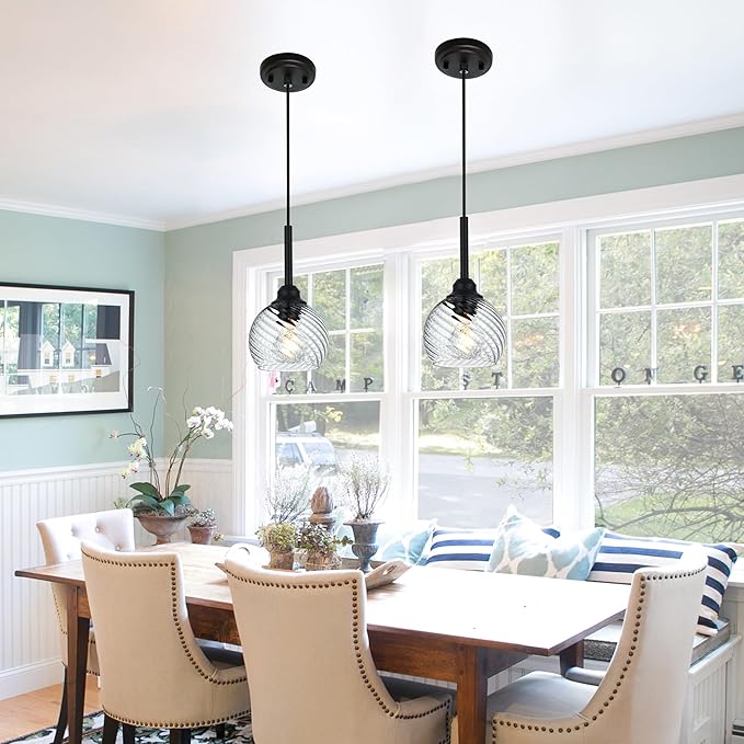 2 Pack Pendant Lights Kitchen Island with Clear Striped Swirl Globe Glass, Modern Hanging Light Fixtures Semi Flush Mount Stylish Black Pendant Lighting for Dining Room Hallway Bedroom Bar