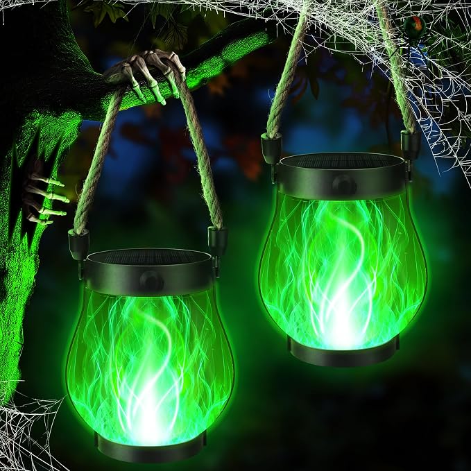 iBaycon 2 Pack Gen2 Solar Lantern Lights USB Halloween Flame Lamp, Green | Solar Garden Lights with Dual Charging USB & Solar, 2 Modes Outdoor Waterproof Hanging Lantern for Home Halloween Decor