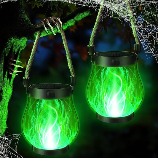iBaycon 2 Pack Gen2 Solar Lantern Lights USB Halloween Flame Lamp, Green | Solar Garden Lights with Dual Charging USB & Solar, 2 Modes Outdoor Waterproof Hanging Lantern for Home Halloween Decor