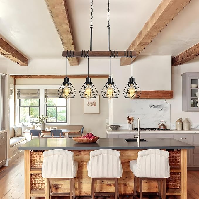 4-Light Modern Farmhouse Chandelier for Dining Room - Black Metal & Rustic Wood Kitchen Island Lighting with Adjustable Height, 29.5" Linear Pendant Light Fixture with Diamond Shades, UL Listed