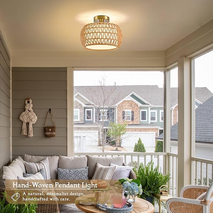 12.6 inch Natural Rattan Ceiling Light Fixture Hand-Woven Rattan Chandelier Boho Ceiling Light Fabric Shade Boho Chandelier for Kitchen Dinning Room (Bulb Incl.)