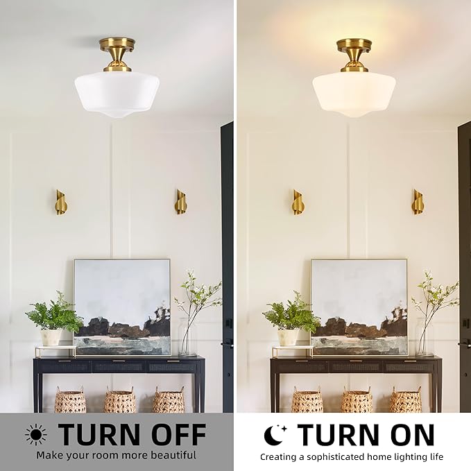 Brass Schoolhouse Light Fixture 12" Mid Century Light Fixture Milk Glass Light Fixtures School House Light Fixtures Ceiling Semi Flush Mount Ceiling Lights for Bedroom Bathroom (bulb Incl.