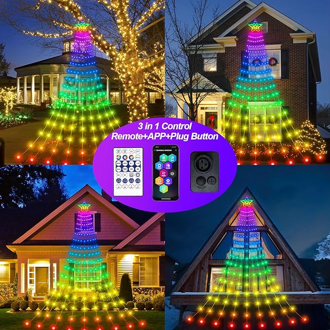 Smart Christmas Day Decorations Lights with Star Topper, 11.48ft 350 LED DIY Waterfall Tree Lights with Remote Timer Color Changing Light Music Sync APP Control for Wedding Holiday Party Decor