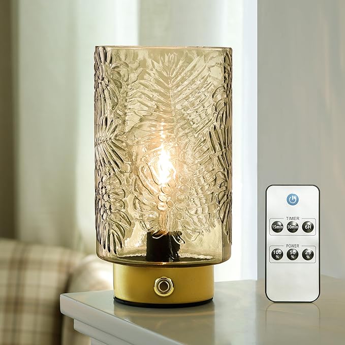 ULAROOM Cordless Lamps Rechargeable Battery Operated lamp,Glass Table Lamp Remote Control-Dimmable Brightness Touch Wireless Bedside Lamp for New Home Gift/Bedroom/Kitchen/Living Room Decor Amber