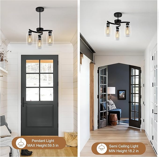 3-Light Modern Farmhouse Chandelier for Dining Room Light Fixtures，16.5" Black Kitchen Island Pendant Lighting, Adjustable Hanging Light for Dining Room with Clear Glass Shades