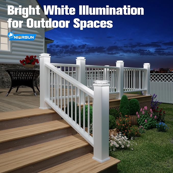 NIORSUN Solar Post Cap Lights Outdoor Waterproof, 4x4 Post Solar Lights 2 Color Modes, Fence Posts Solars Light for Deck Patio Garden Deco, 4x4 Posts Caps Wood Vinyl, 5x5 Vinyl, 6 Pack (White)