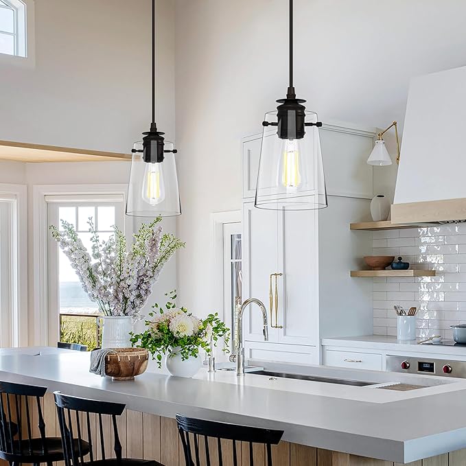 3Pack Pendant Lights Kitchen Island, Modern Industrial Pendant Light Fixtures with Glass Shade, E26 Socket Adjustable Cord for Dining Room, Bedroom, Living Room, Farmhouse Pendant Lighting