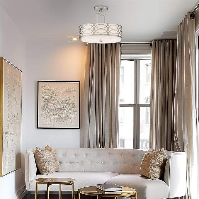 Kira Home Sienna 15" 3Modern Lattice Drum Semi-Flush Mount, 3-Light Silver Ceiling Light with White Linen Shade & Glass Diffuser, Brushed Nickel Finish