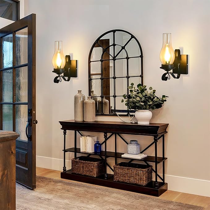 4 Pack Rustic Wall Sconces, Black Hardwired Farmhouse Industrial Wall Sconce Indoor Retro Wall Lamps with Amber Glass, Vintage Bathroom Sconces Wall Lighting Lantern
