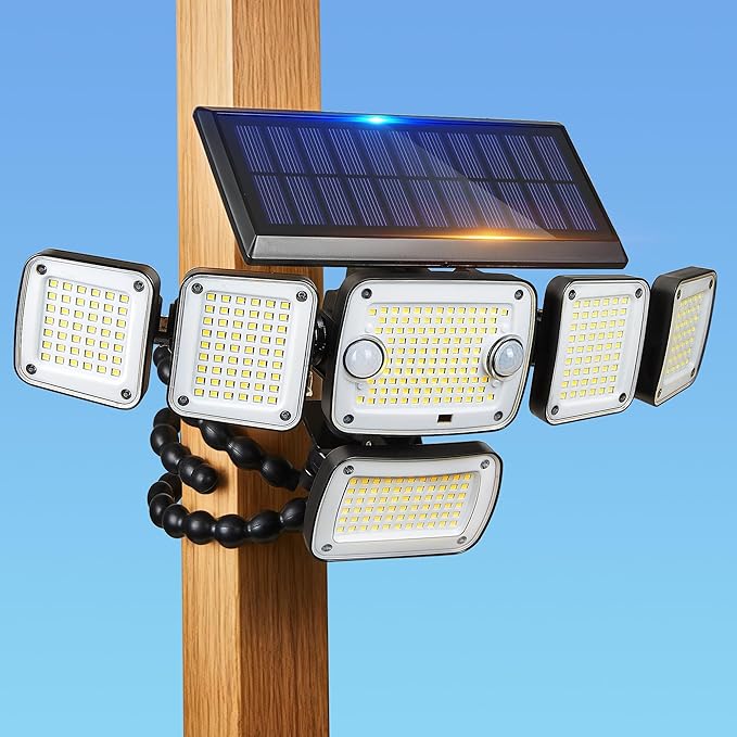Motion Sensor Outdoor Lights with Flexible Octopus Tripod , 5000LM 336LED Security Flood Lights with Remote Control, 360°Wide Angle, 6 Heads Solar Lights Outdoor Waterproof for Yard Patio Garage