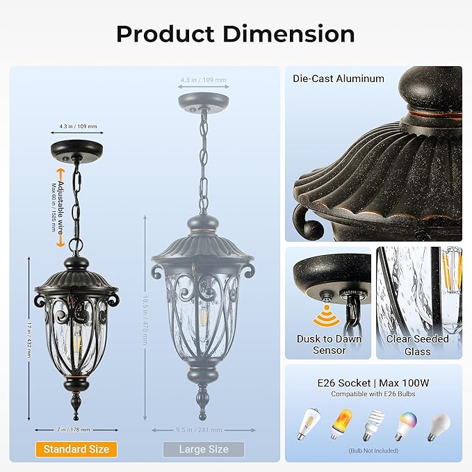 VIANIS Dusk to Dawn Outdoor Hanging Lights, Bronze Vintage Outdoor Pendant Light, Waterproof with Seed Glass, Anti-Rust Adjustable Length Chandelier, Porch Ceiling Light for Garden, Yard, Doorway