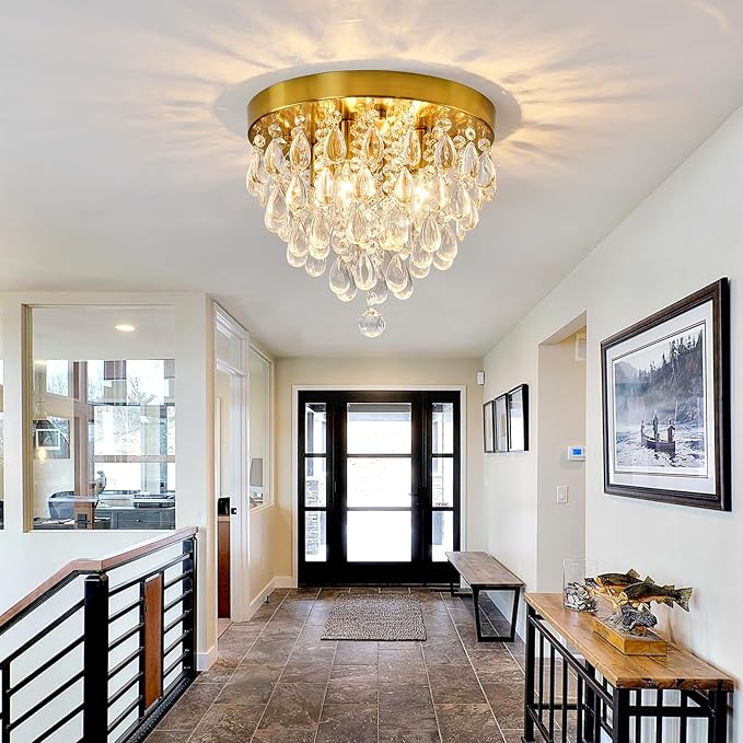 YYJLX Crystal Flush Mount Ceiling Light Modern Crystal Chandelier Gold 4-Light Fixture for Hallway Bedroom Entryway Bathroom Closet