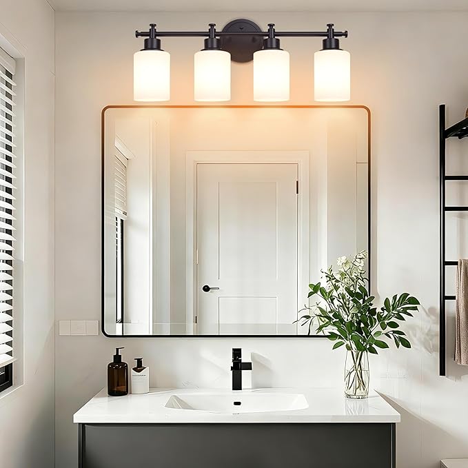 4-Light Bathroom Vanity Light, Black Vanity Lights for Bathroom, Modern Wall Sconce with White Glass Shades, Anti-Rust Vanity Light Fixture over Mirror, 23 Inch (Bulbs Not Included, E26 Base)