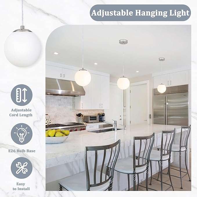 KoKo&Yukina 6 Inch Globe Pendant Light Nickel Globe Pendant Lights Kitchen Island Mid Century Light Fixture with Milky White Glass Shade for Dining Room Living Room