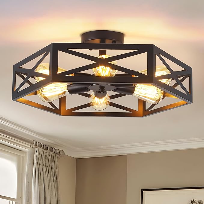 19.6" Black Rustic Kitchen Lighting Fixtures Ceiling, Farmhouse Foyer Lighting Fixtures, Large Black Semi Flush Mount Ceiling Light Fixture, Industrial Rustic Light Fixtures for Hallway Living Room