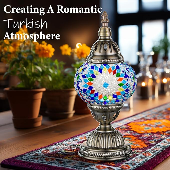 Marrakech Turkish Table Lamp with Bronze Base，Handmade Blue Moroccan Tiffany Style Mosaic Glass Night Stand Light Fixture Including LED Bulb for Living Room Bedroom Decor (Blue)