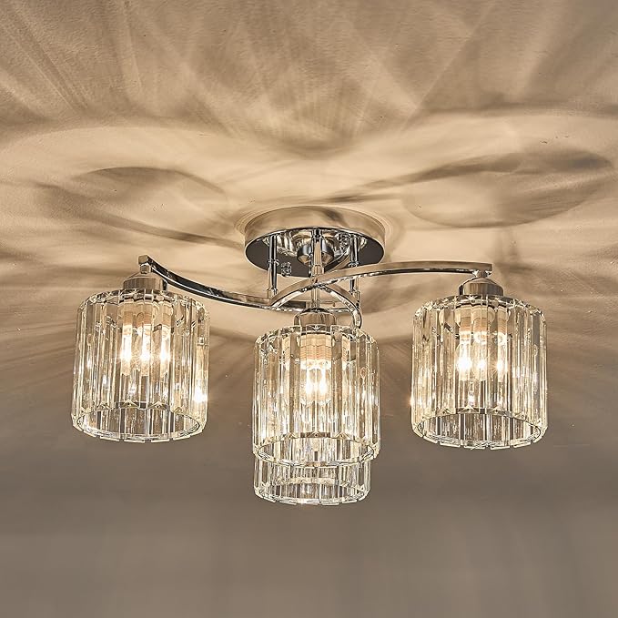 Crystal Chandelier, Modern Elegant Ceiling Light E26 Base Easy Installation Durable Metal Frame for Living Room Bedroom Dining Room, Silver