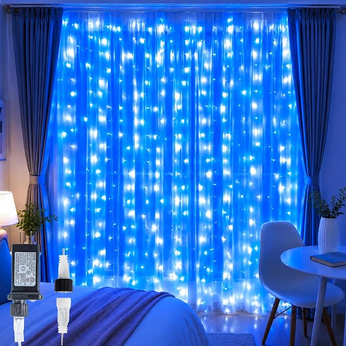 HEYFUNi Fiee Curtain Lights,304L 9.8ftX9.8ft 30V 8Modes Safety Window Lights for Home Wedding Christmas Party Patio Lawn Garden Bedroom Outdoor Indoor Wall Decorations (304LED, Blue+White)