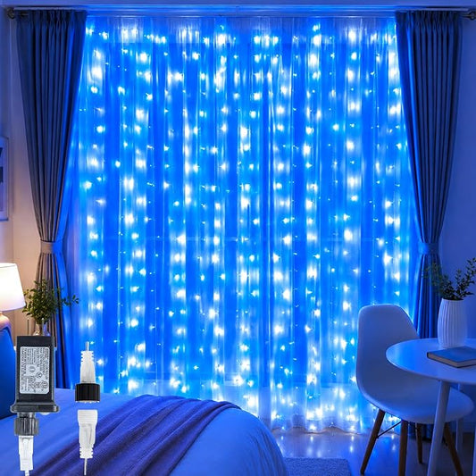 HEYFUNi Fiee Curtain Lights,304L 9.8ftX9.8ft 30V 8Modes Safety Window Lights for Home Wedding Christmas Party Patio Lawn Garden Bedroom Outdoor Indoor Wall Decorations (304LED, Blue+White)