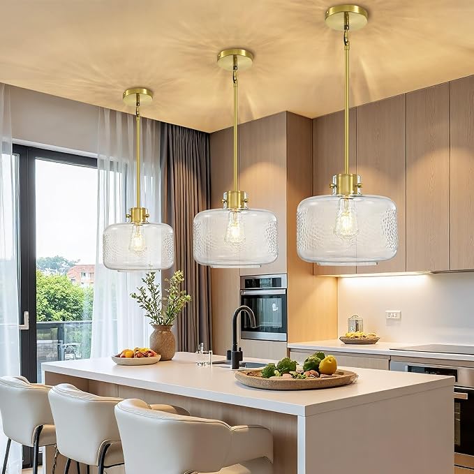 Glass Pendant Lights Kitchen Island, 9.84'' Brass Gold Pendant Lighting Fixtures, Modern Hanging Ceiling Light with Clear Hammered Glass Shade for Farmhouse Dining Room Bedroom Hallway(1 Pack)