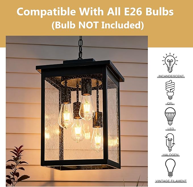 TODOLUZ 4-Lights Large Outdoor Pendant Light Fixture, Farmhouse Waterproof Black Porch Hanging Lighting with Adjustable Chain, Seeded Glass Panel & E26 Bulb Base for Patio Garden Entryway