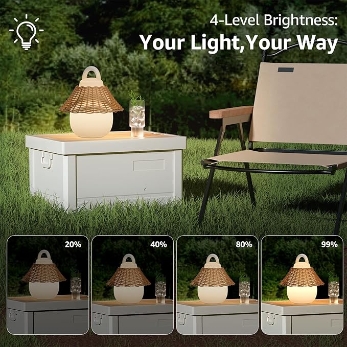 Rattan Outdoor Lanterns, GGII Rechargeable Camping Lantern with IP44 Waterproof, Battery Operated Outdoor Portable Cordless Table Lamp with RGB Lights for Patio Balcony Garden