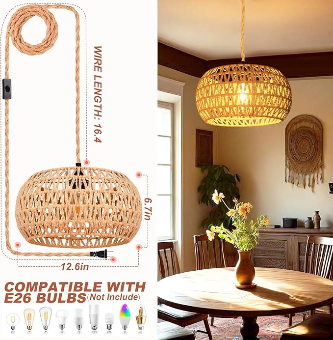 Hanging Lights with Plug in Cord Rattan Hanging Lamp Boho Ceiling Light Fixtures Farmhouse Pendant Lamp Shape for Living Room Bedroom Kitchen