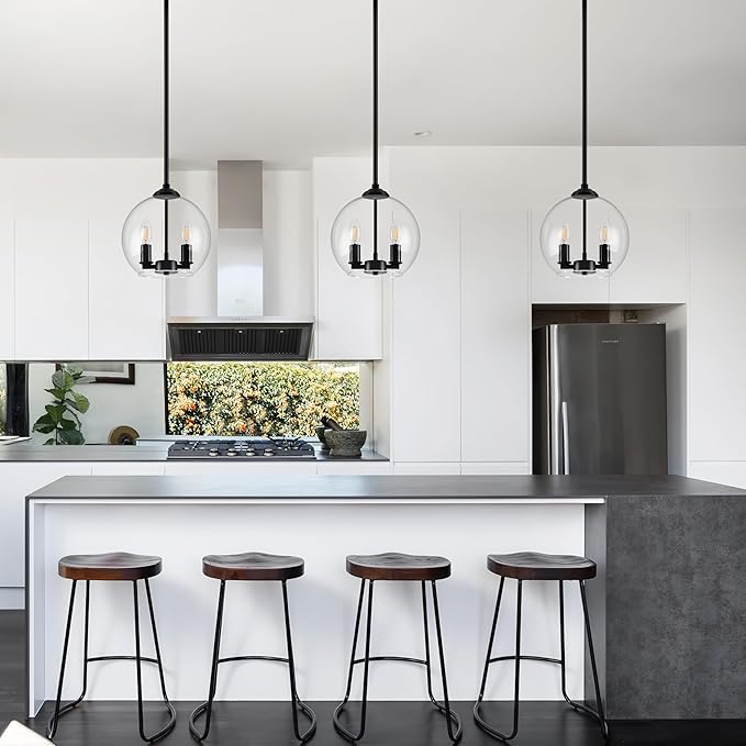 10" Globe Pendant Lights Kitchen Island 2 Pack Glass Globe Pendant Light Fixture Bedroom Mid Century Modern Pendant Lighting Black Pendant Light for Kitchen Island (Bulb Incl.)