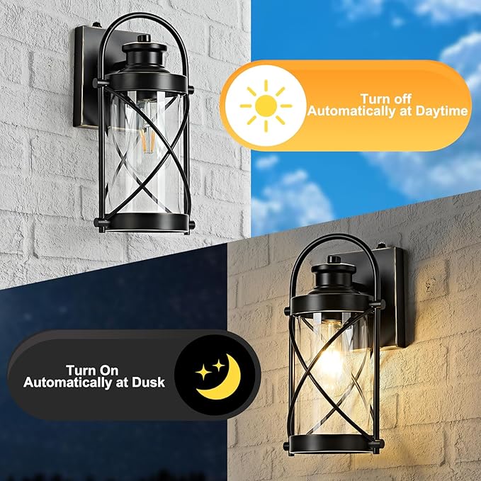 OKELI Dusk to Dawn Outdoor Wall Lights Fixtures, Waterproof Exterior Lighting Fixtures with Photocell Sensor,Vintage Black-Bronze Metal Cage Lantern Outside Lights for Porch Patio House Garage