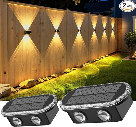 Ellasay Fence Lights Solar Powered: Outdoor LED Wall Lighting Dual Beam and 3 Color Modes IP65 Waterproof 12H Long Lasting Easy Mount for Garden Patio Backyard 2 Pack
