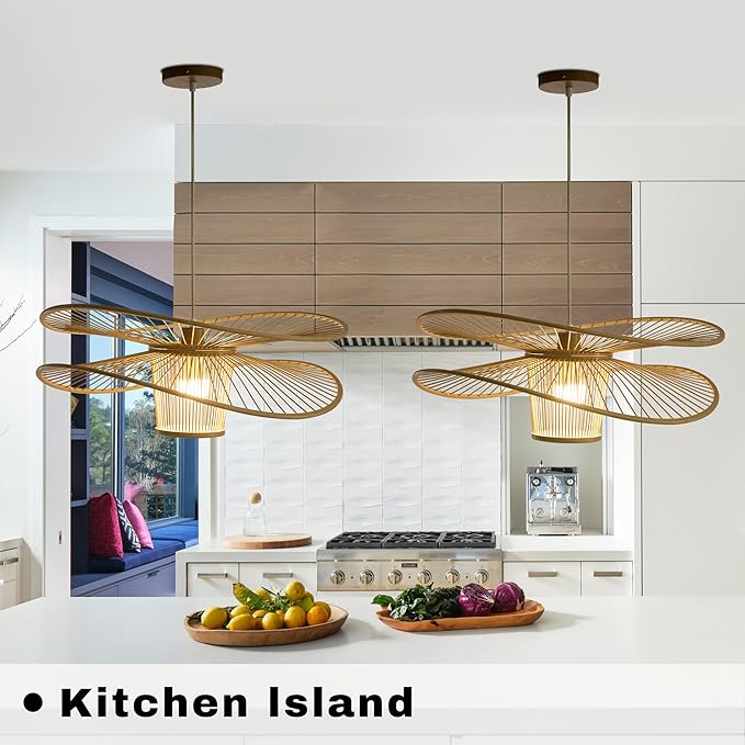 Handmade Bamboo Pendant Light, 3-Tier Boho Woven Chandelier, Modern Ceiling Lamp for Dining Room, Kitchen, Farmhouse Bedroom, E26 Base