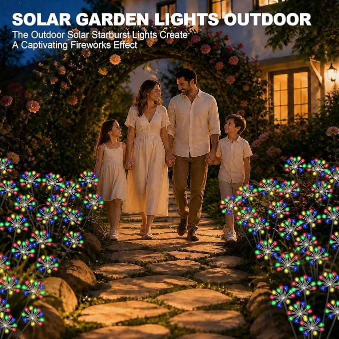 Solar Garden Lights Outdoor, Upgraded Solar Swaying Starburst Light Waterproof with 2 Modes, Solar Fairy Firework Lights for Yard Patio Pathway Flowerbed Balcony Garden Decoration (Multicolor, 4 Pack)
