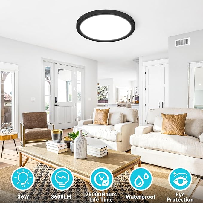libtit 16" Black LED Ceiling Lights, 36W 3600lm, 3 Color Temps 3000K/4000K/6500K, Large Flush Mount Fixture for Kitchen, Hallway, Bedroom, Living Room, 120V ETL Listed, 1Pack