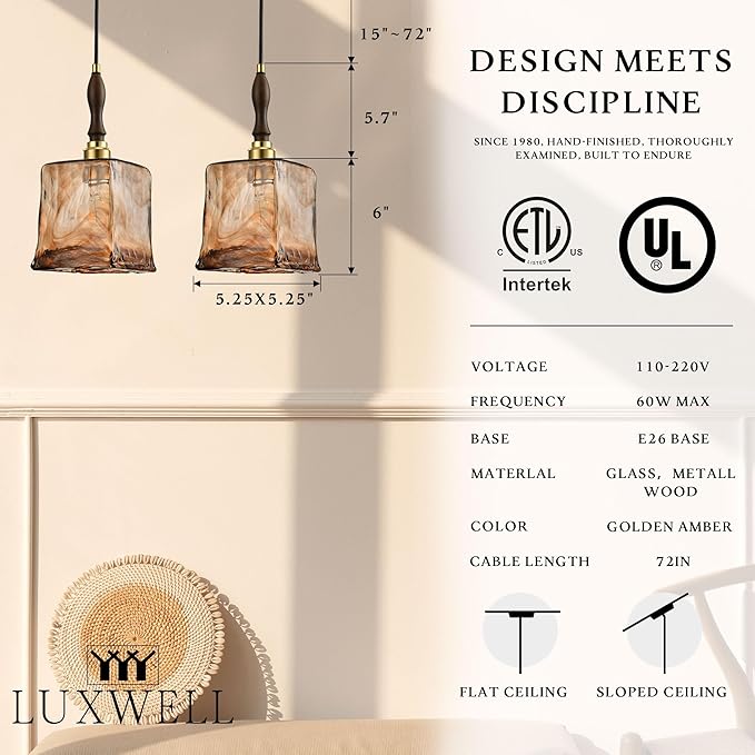 Modern Amber Glass Pendant Light, 5.25"x11.7" Elongated Hanging Fixture with Wood Grip & Brass Accent, 15"-72" Adjustable Line, E26 Socket – Golden Amber Rectangular