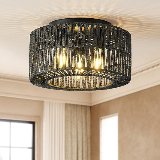 12.6”Rattan Flush Mount Ceiling Light Fixtures, 3-Light Boho Light Fixture Rattan Hand-Woven Chandelier Close to Ceiling Light Fixture for Bedroom Hallway Kitchen Dining Room Nursery(Black)
