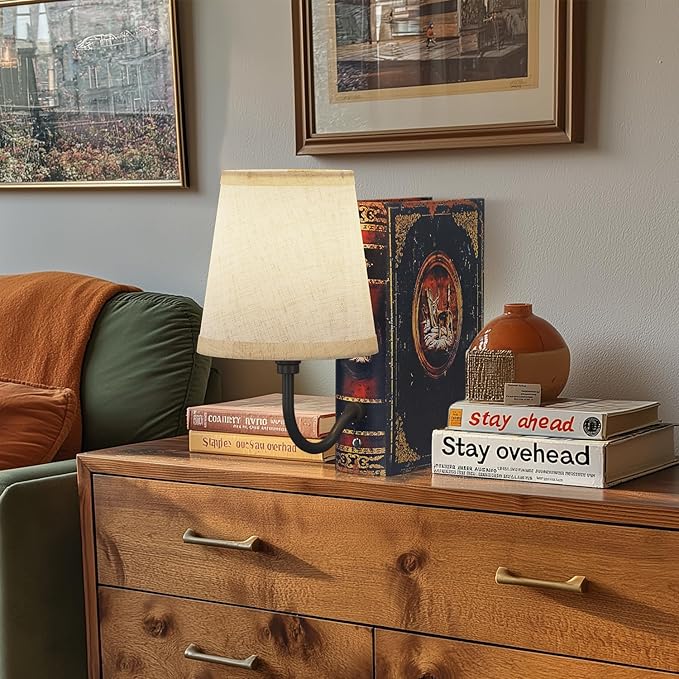 Vintage Bookshelf Lamp Rechargeable Set of Two, Cordless Book Lamp with Linen Shade, Dimmable Touch Control Table Lamp, Modern Decorative Bookend, Bookshelf Lights for Office Home