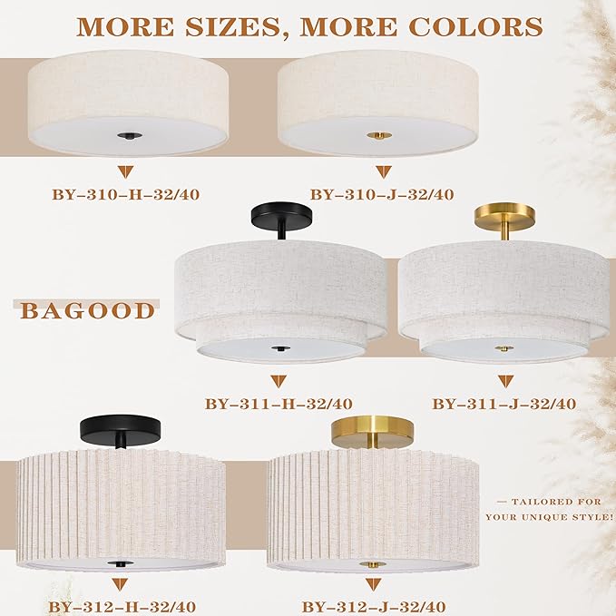 Bagood 16 Inch 3 Light Semi Flush Mount Ceiling Light Fixture Modern 2 Pack Gold Drum Ceiling Light Fixture with 2-Layer Fabric Shade Dimmable Close to Ceiling Light for Bedroom Living Room Hallway