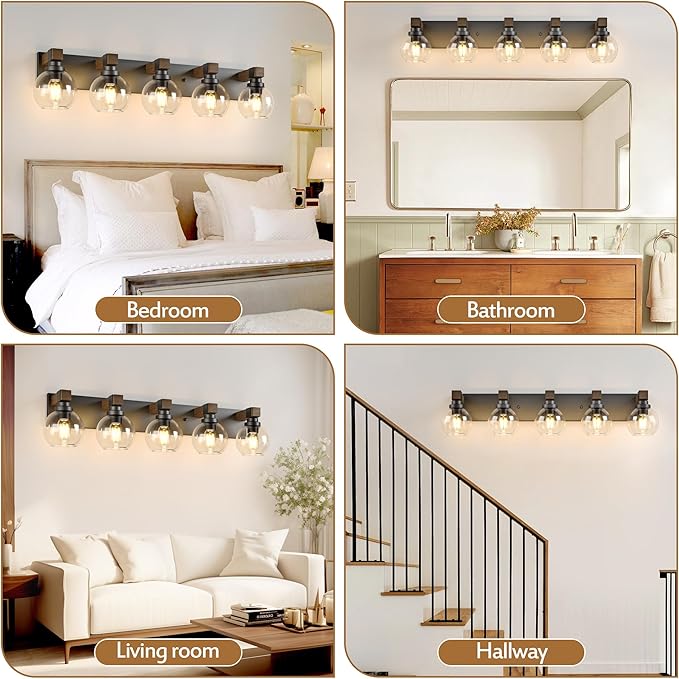 Farmhouse Bathroom Vanity Light Fixtures, 5-Light Wood Bathroom Light Fixtures Over Mirror, Rustic Vanity Lighting with Glass Shade for Living Room, Bedroom, Hallway