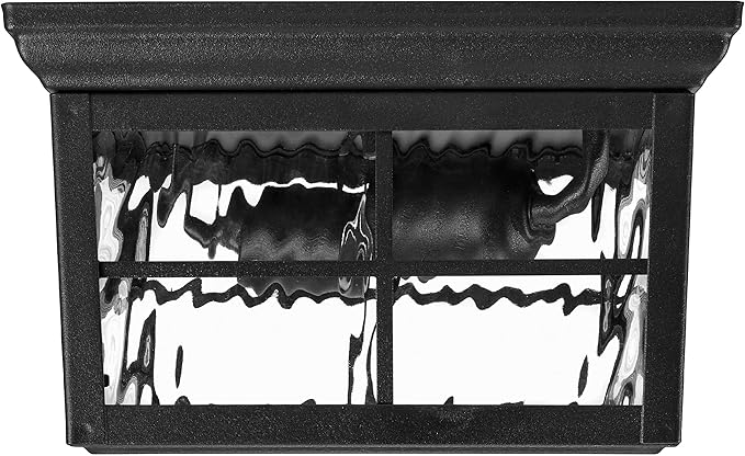 Maxxima Outdoor Flush Mount Ceiling Light Fixture, Black w/Water Glass, 2-Light Square Farmhouse Porch or Patio Light, Close to Ceiling Entryway Outdoor Light, Bulbs Not Included