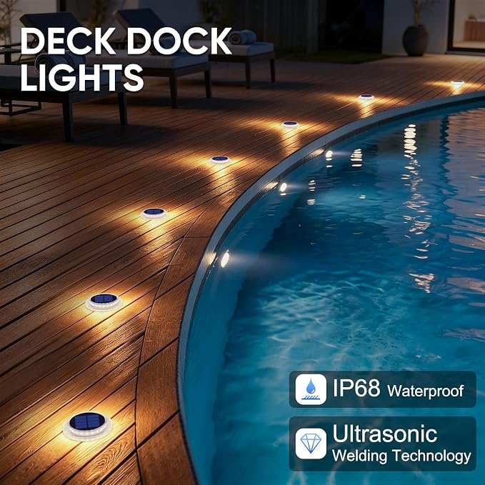 Solar Step Lights Outdoor Waterproof Stick on Boat Dock Flat Deck Stair Lights Solar Powered for Outside Patio Driveway Marker Concrete Ground Walkways Sidewalk Pathway Auto On/Off (Warm White 4 Pack)