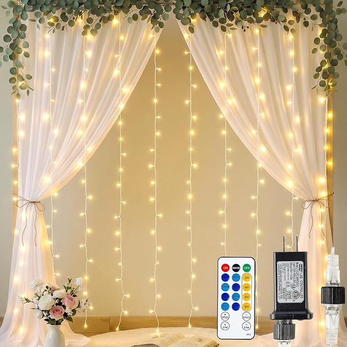 HEYFUNi 6.6ft x 6.6ft Warm White Curtain Lights Plug in - 200 LED Window String Lights with Remote, 8 Modes, Timer & Memory, Connectable Fairy Lights for Bedroom Wall Wedding Dorm Decor, Warm White