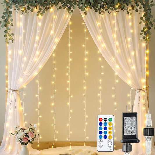 HEYFUNi 6.6ft x 6.6ft Warm White Curtain Lights Plug in - 200 LED Window String Lights with Remote, 8 Modes, Timer & Memory, Connectable Fairy Lights for Bedroom Wall Wedding Dorm Decor, Warm White