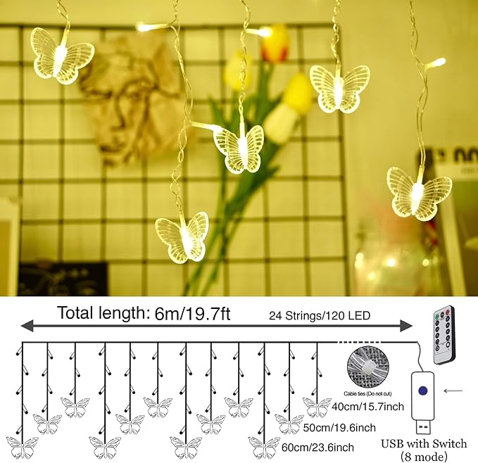 Butterfly Curtain Fairy Lights USB Plug in,8 Modes 120 LED 19.7FT Firefly Twinkle Timer String Lights with Remote, Waterproof Copper Wire for Bedroom Patio Christmas Wedding Party Dorm(Warm White)