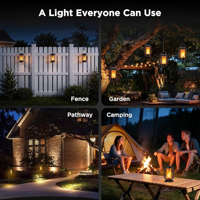 Hompavo Gen2 Solar Lanterns Outdoor Lights with Ultra-Real Flame, 2 Charging (USB/Solar) & 4 Modes - Waterproof Decorative Hanging/Table Lights for Pathway Yard Patio Garden Decor Gifts for Women, 2