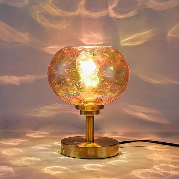 Touch Control Hammered Glass Table Lamp Brass Gold Portable Dimmable Brightness Small Nightstand Light 3-Way Stepless Dimming Bedside Bedroom Living Room (Colorful Amber Glass & Gold)