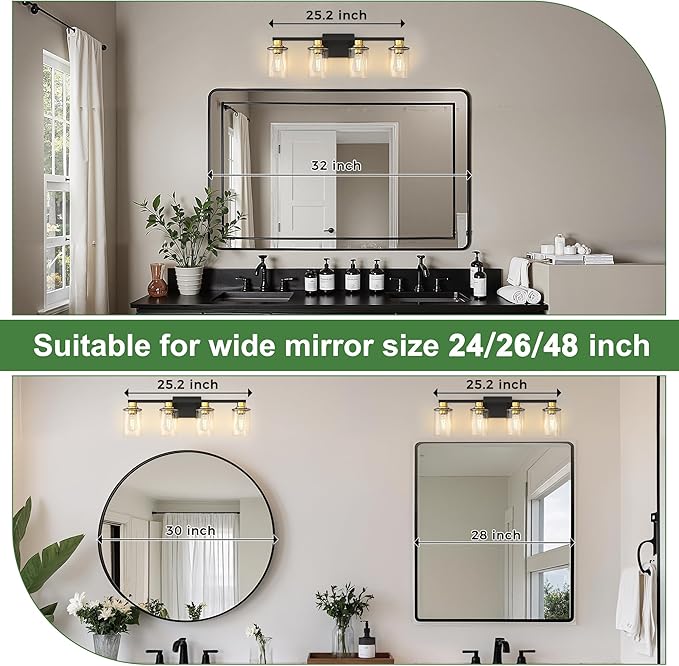 DORESshop Bathroom Light Fixtures, 4-Light Black and Gold Bathroom Lighting Fixtures Over Mirror with Glass Shade, Modern Vanity Lights for Hallway Bedroom, Includes Bulbs
