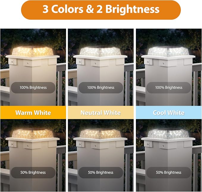 APONUO Solar Post Cap Lights, 3 Color Modes & 2 Brightness, Adjustable Base Fits 4x4 5x5 6x6 Posts (3.5-5.5 Inch), IP65 Waterproof, Deck & Fence Post Lights Solar Powered with Screws, White, 4 Pack